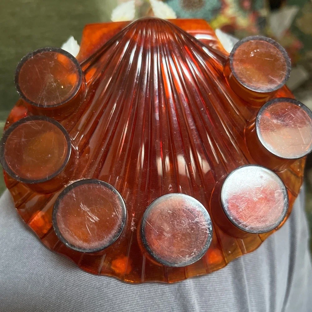 Vintage Amber Lucite Shell Lipstick Holder Floral Rhinestone Vanity Organizer